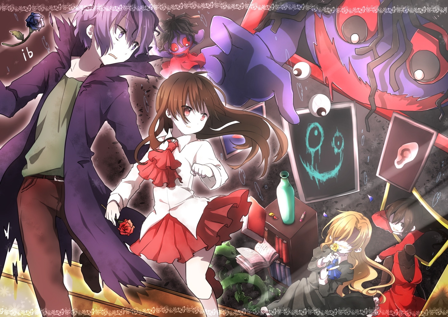 blonde_hair, book, brown_hair, dress, flowers, gary_(ib), ib, ib_(ib), kneehighs, loli, male, mary_(ib), purple_eyes, purple_hair, red_eyes, rose, ryukadomatsu, short_hair, skirt, tie