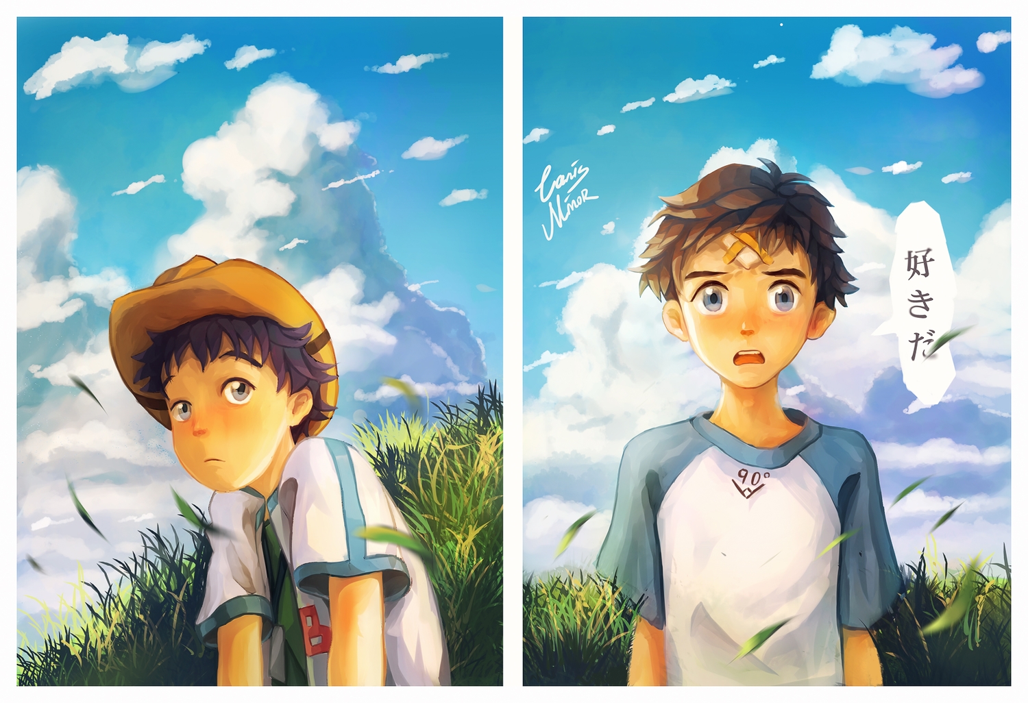 abenobashi_mahou_shoutengai, all_male, bandaid, black_hair, blue_eyes, blush, brown_hair, canis_minor