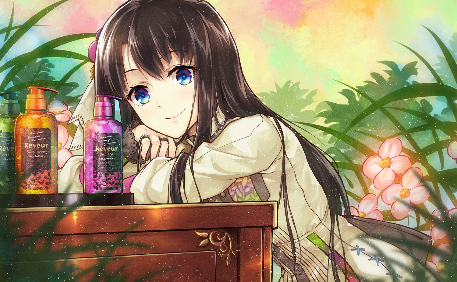 black_hair, blue_eyes, dress, flowers, jugatsu_junichi, leaves, long_hair, original