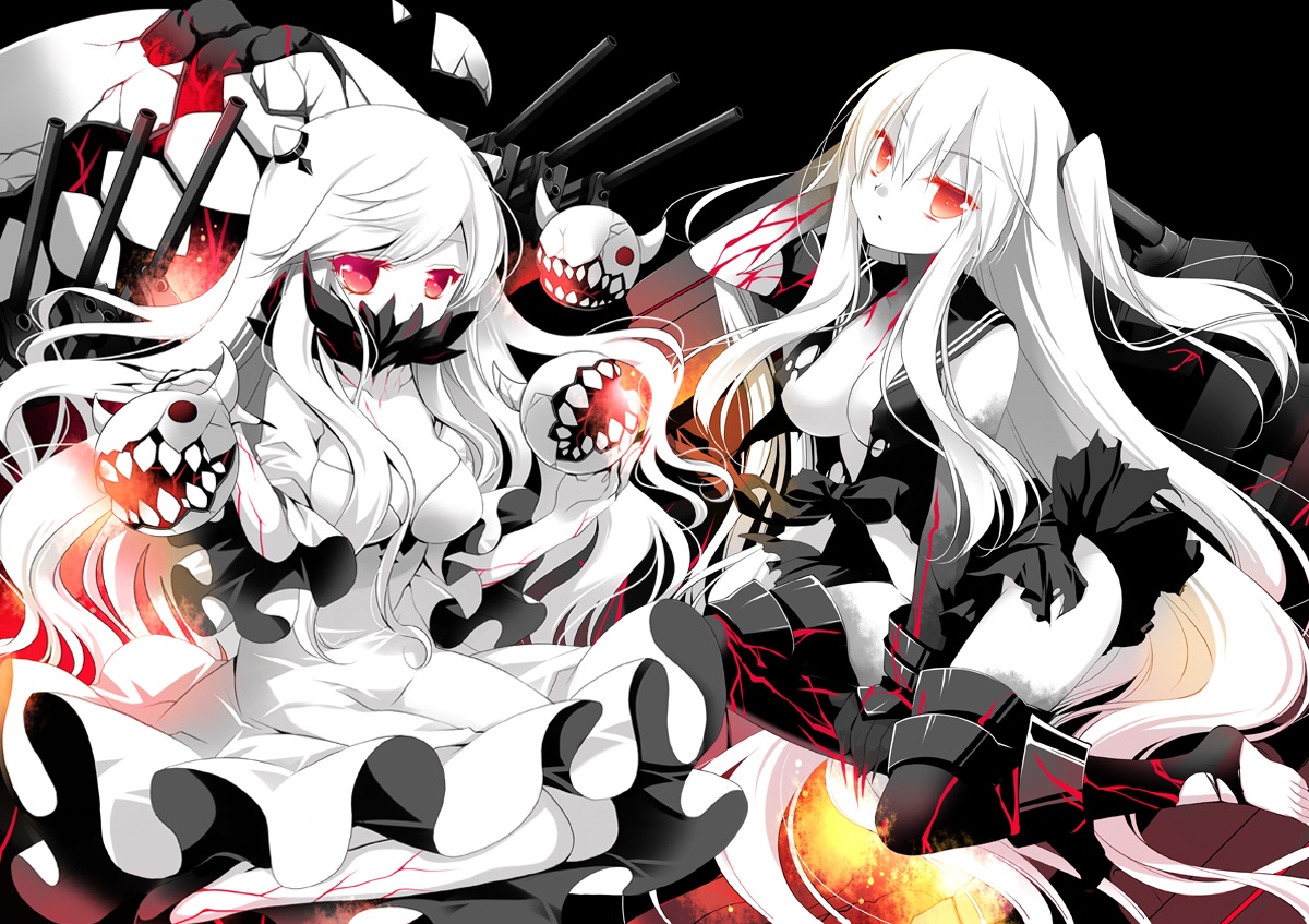 2girls, aircraft_carrier_hime, anthropomorphism, breasts, cleavage, dress, kantai_collection, long_hair