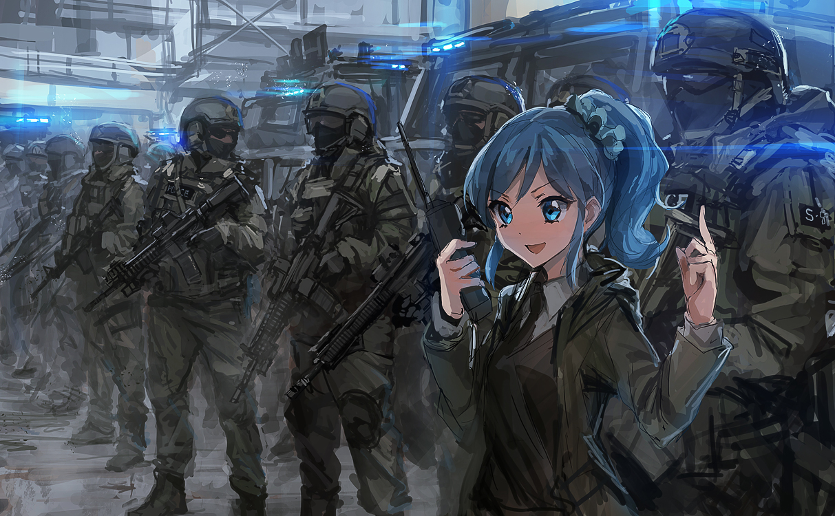 aikatsu!, blue_eyes, blue_hair, goggles, gun, kiriya_aoi, lm7_(op-center), long_hair