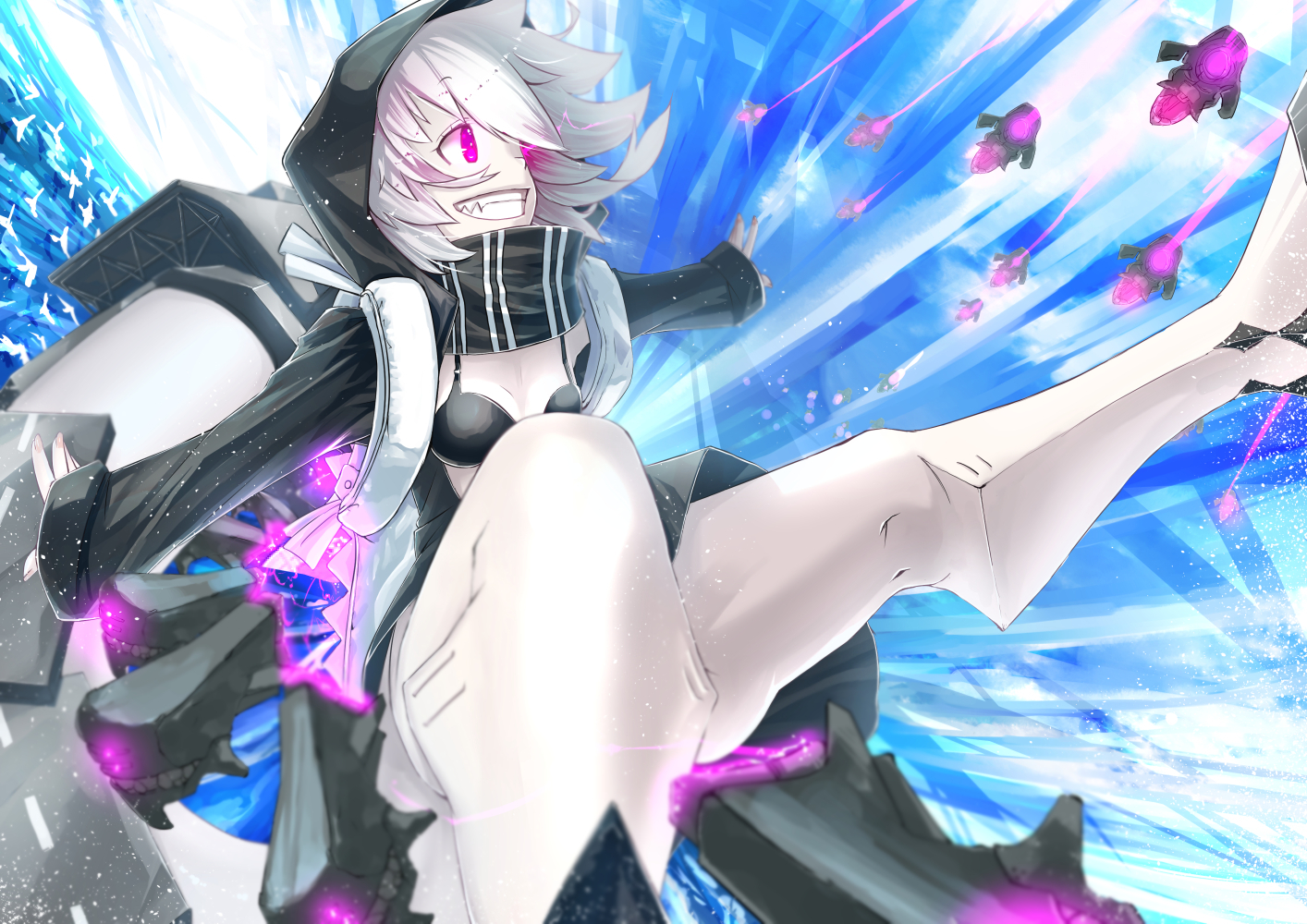 animal, anthropomorphism, bikini_top, bird, boat, kantai_collection, meth_(emethmeth), purple_eyes