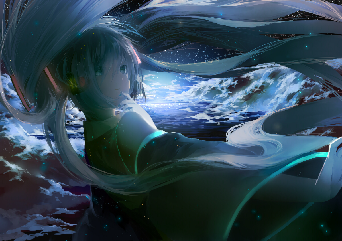 clouds, glycan, hatsune_miku, long_hair, stars, twintails, vocaloid