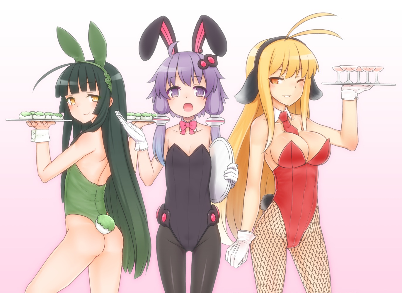 animal_ears, ass, blonde_hair, bow, breasts, bunny_ears, bunnygirl, cleavage, drink, food, gloves, gradient, green_hair, kuroshiro_gurei, long_hair, orange_eyes, pantyhose, purple_eyes, stockings, tail, tie, touhoku_zunko, tsurumaki_maki, twintails, vocaloid, voiceroid, waitress, wink, wristwear, yellow_eyes, yuzuki_yukari