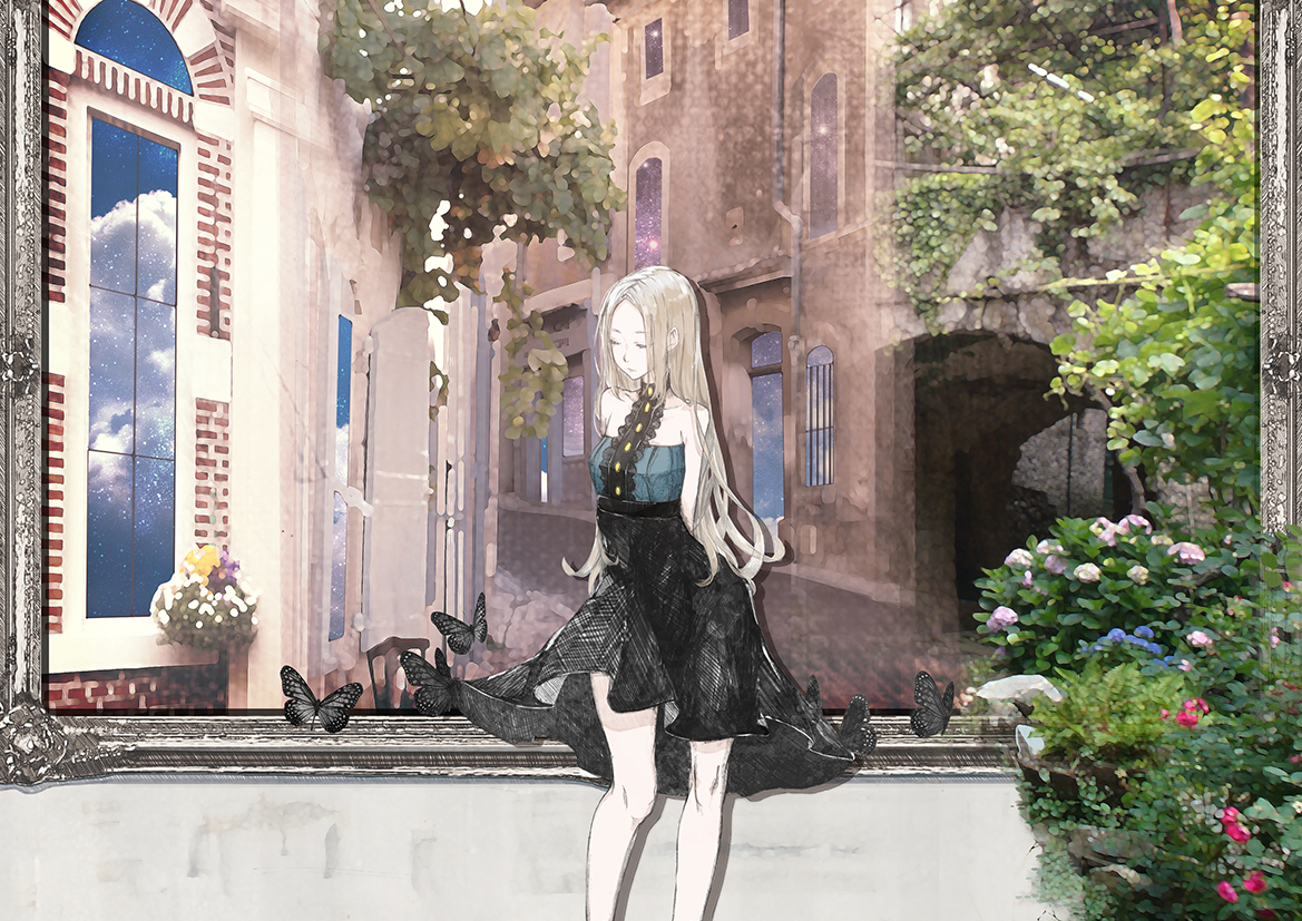 building, butterfly, dress, flowers, gray_hair, long_hair, nello_(luminous_darkness), original