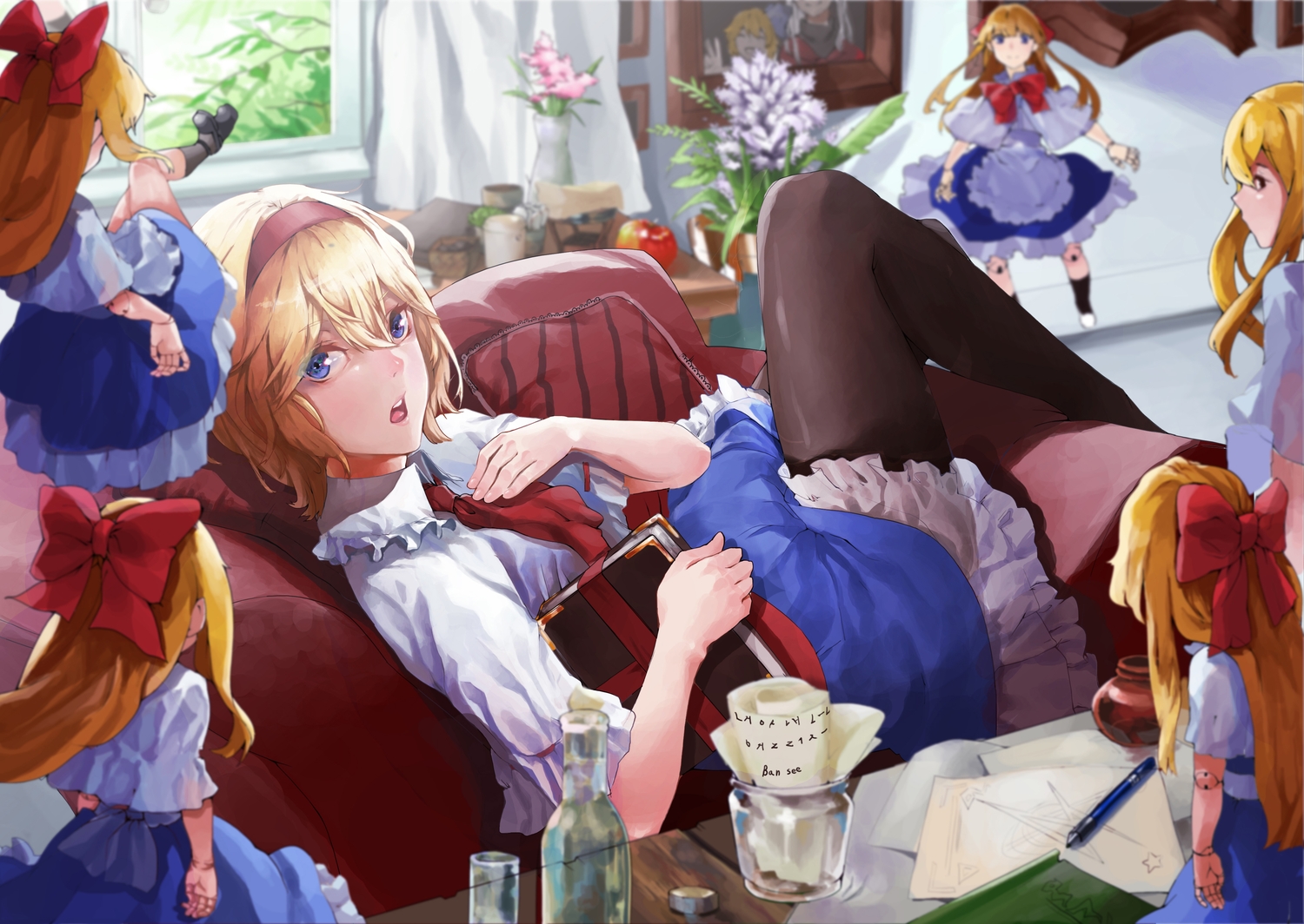 alice_margatroid, apple, banssee, blonde_hair, blue_eyes, book, bow, doll, dress, flowers, food, fruit, headband, kneehighs, pantyhose, paper, puppet, shanghai_doll, short_hair, tie, touhou