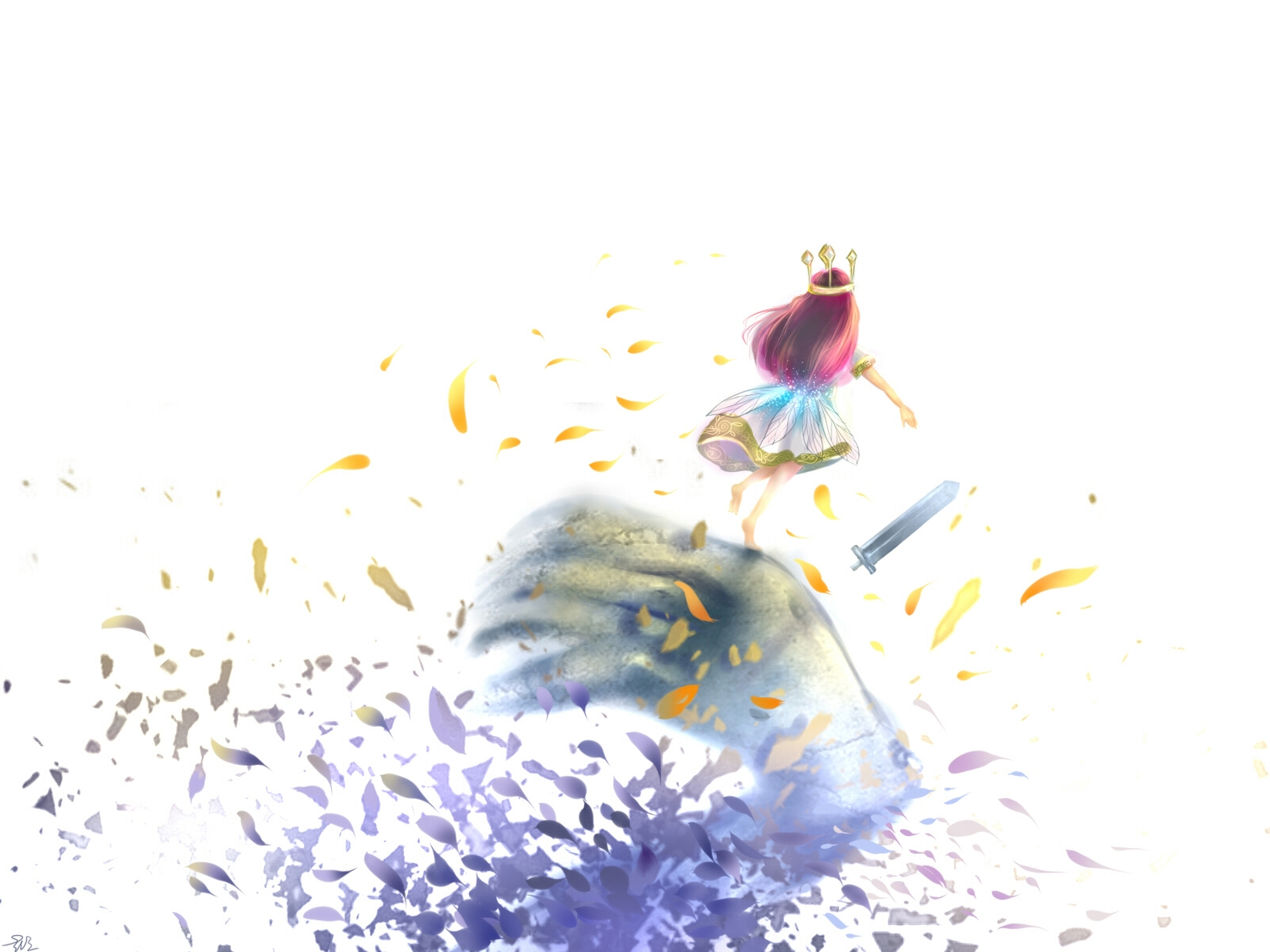 aurora_(child_of_light), child_of_light, crown, dress, leaves, long_hair, qīng_chén, red_hair