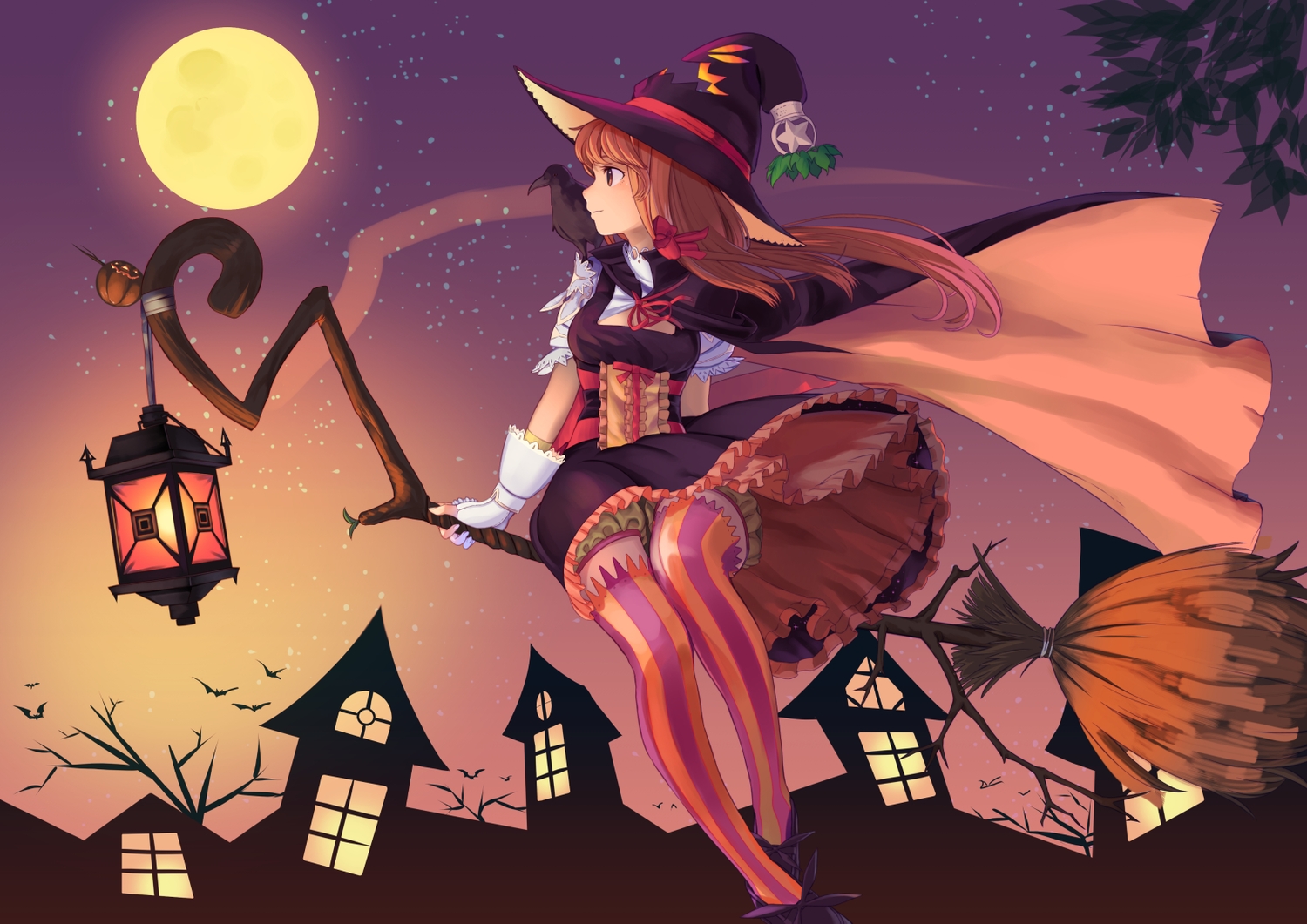 animal, bat, bird, bloomers, brown_eyes, brown_hair, dress, emuki_(armies_soul), gloves, halloween, hat, leaves, long_hair, moon, original, ribbons, thighhighs, witch, witch_hat
