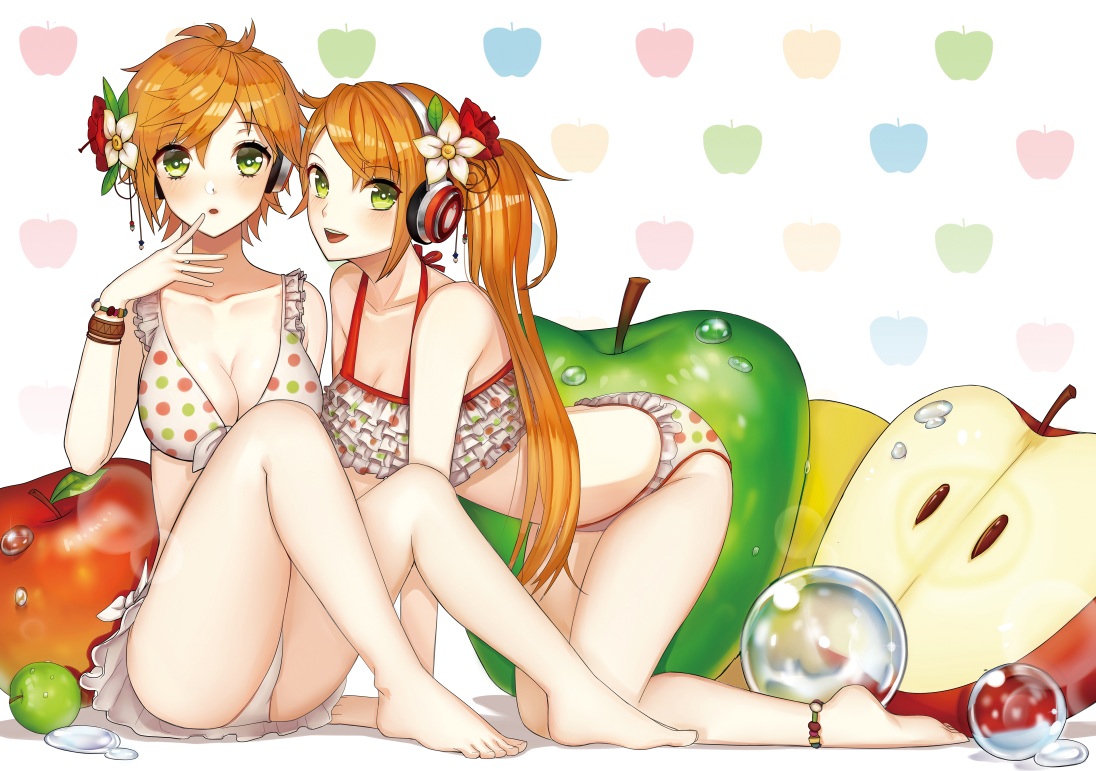 2girls, aliasing, anon_(vocaloid), apple, barefoot, bikini, breasts, cleavage, food, fruit, green_eyes, headphones, honnou_(kjs9504), kanon_(vocaloid), long_hair, orange_hair, short_hair, swimsuit, twins, vocaloid, wristwear
