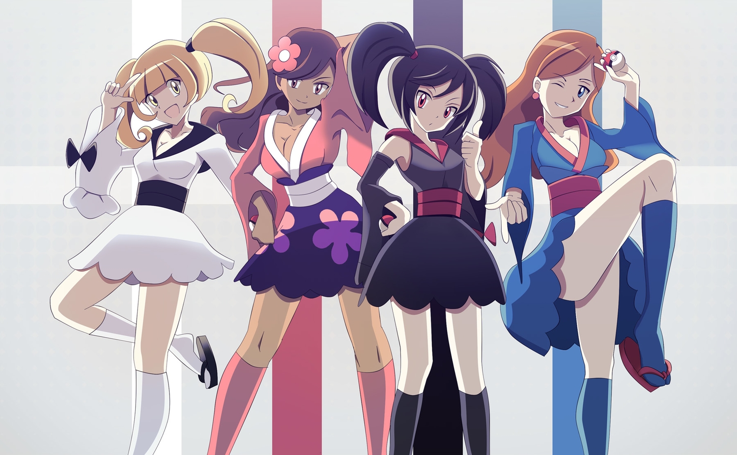 black_hair, blonde_hair, blue_eyes, bow, brown_eyes, brown_hair, dress, furisode_girl_asami, furisode_girl_karen, furisode_girl_kirika, furisode_girl_shione, group, jpeg_artifacts, kneehighs, long_hair, orange_hair, pokemon, red_eyes, twintails, vivivoovoo, wink, yellow_eyes