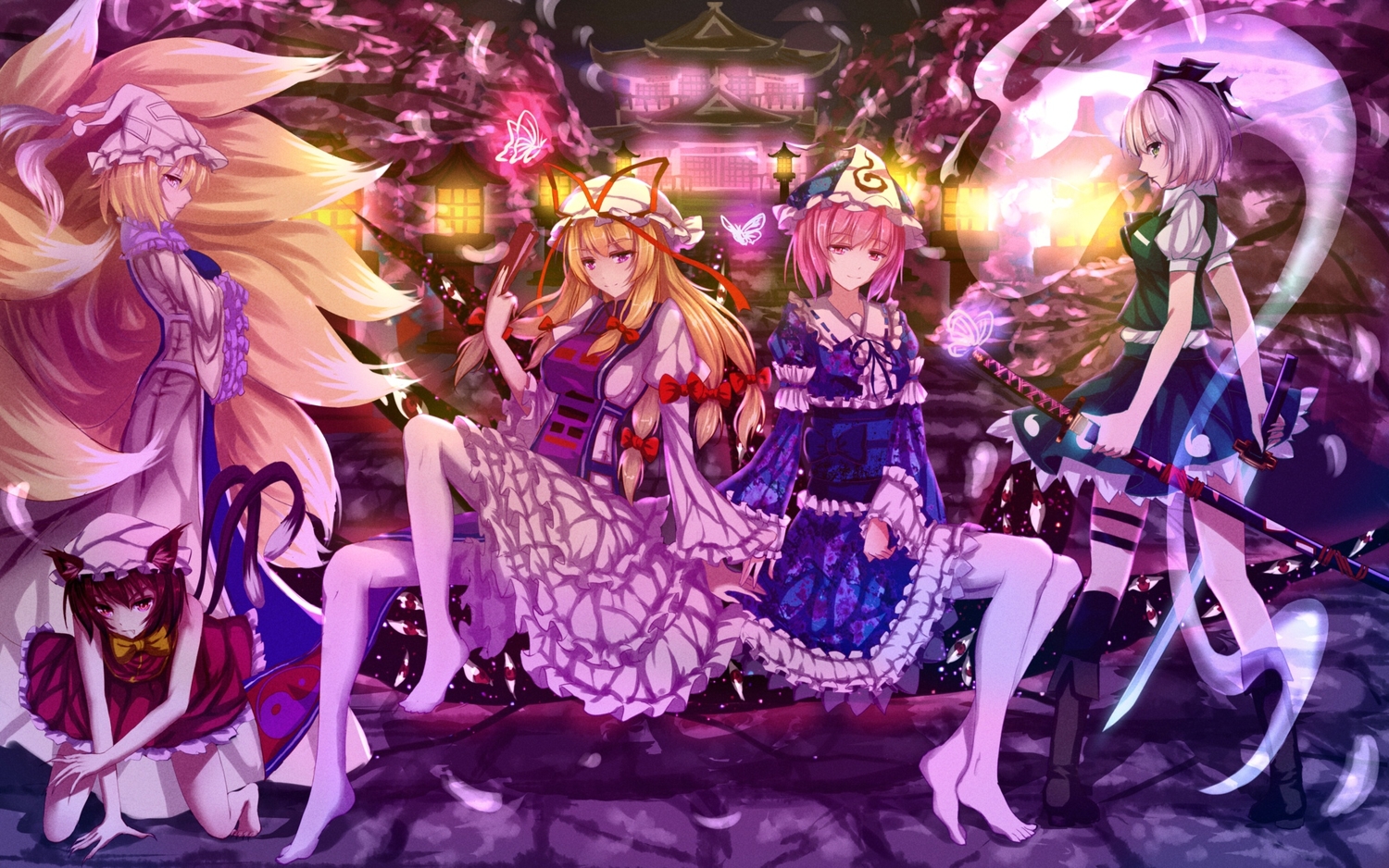 animal_ears, bakanoe, barefoot, blonde_hair, blue_eyes, boots, bow, brown_eyes