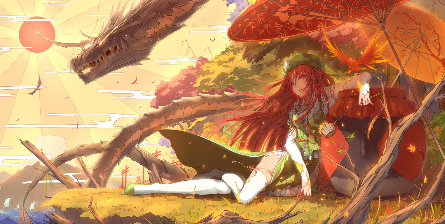 animal, bird, chinese_clothes, chinese_dress, dragon, dress, hat, hong_meiling, hourai_no_hangentsuki, red_eyes, red_hair, thighhighs, touhou, tree, umbrella