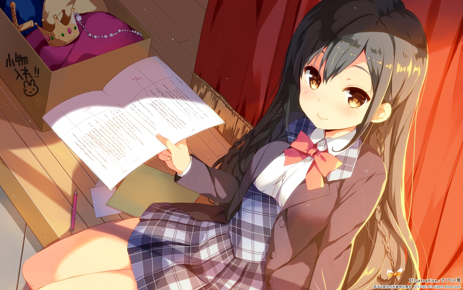 black_hair, bow, brown_eyes, crown, cube, koi_suru_kanojo_no_bukiyou_na_butai, long_hair, nanase_sena