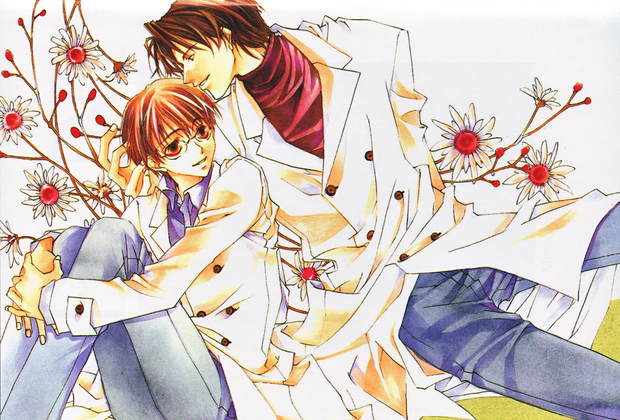 bokura_no_unsei, brown_eyes, brown_hair, flowers, matsumoto_temari, shounen_ai