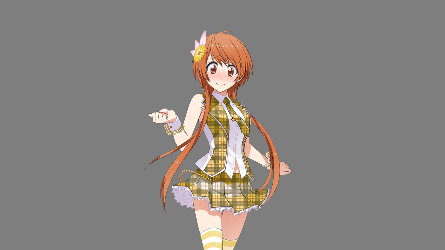 blush, flowers, long_hair, na-na-ka, nisekoi, orange_eyes, orange_hair, skirt, tachibana_marika, thighhighs, transparent, uniform, zettai_ryouiki