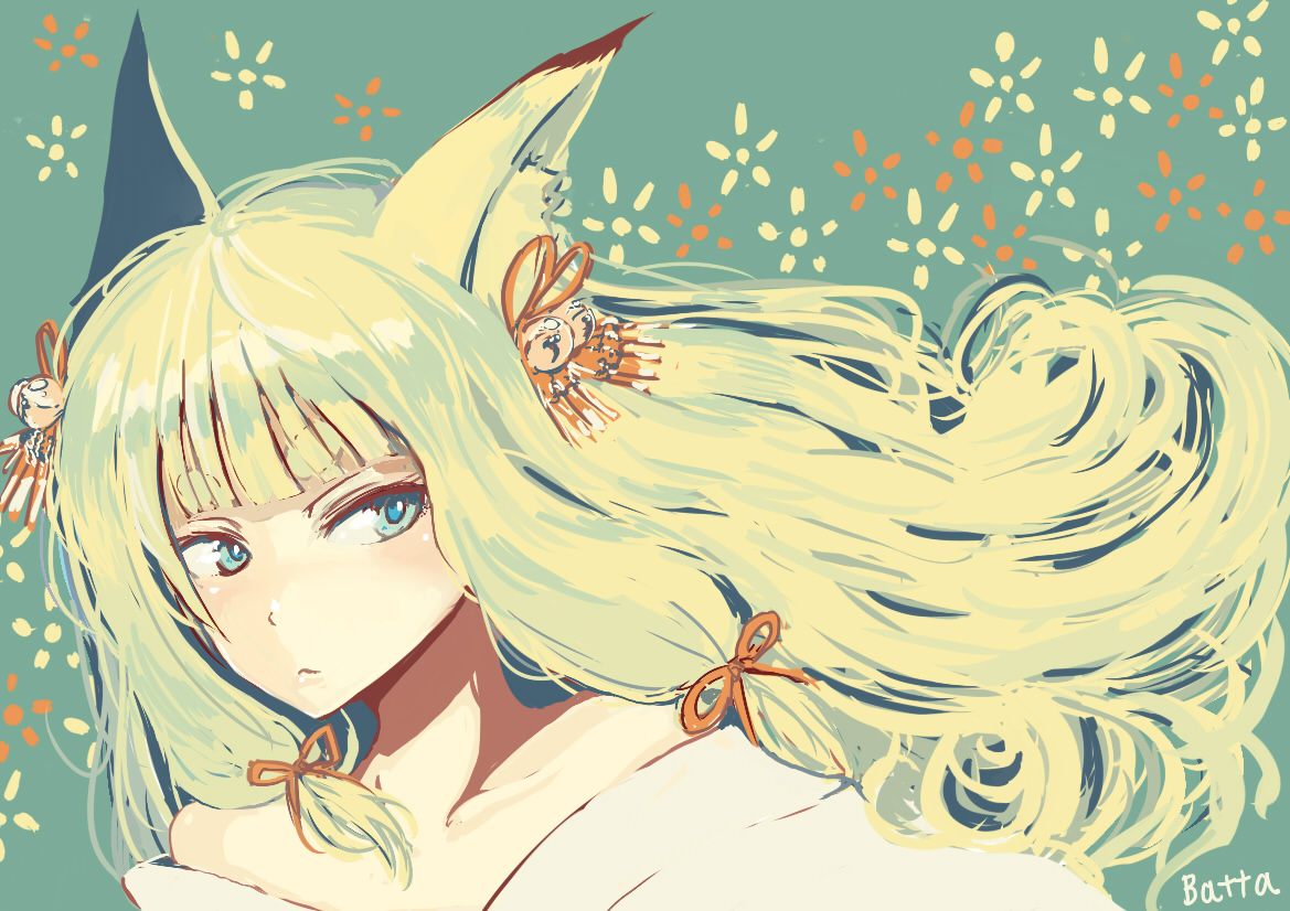 animal_ears, batta_(kanzume_quality), blonde_hair, blue_eyes, japanese_clothes, original, ribbons, signed