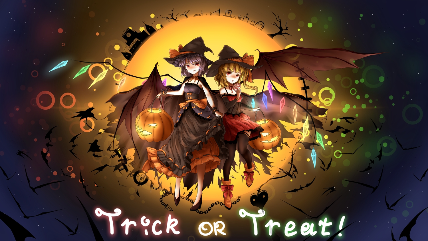 animal, bat, blonde_hair, blue_hair, boots, bow, candy, cape, flandre_scarlet, halloween, hat, lollipop, minust, moon, pumpkin, red_eyes, remilia_scarlet, touhou, vampire, wings, witch_hat