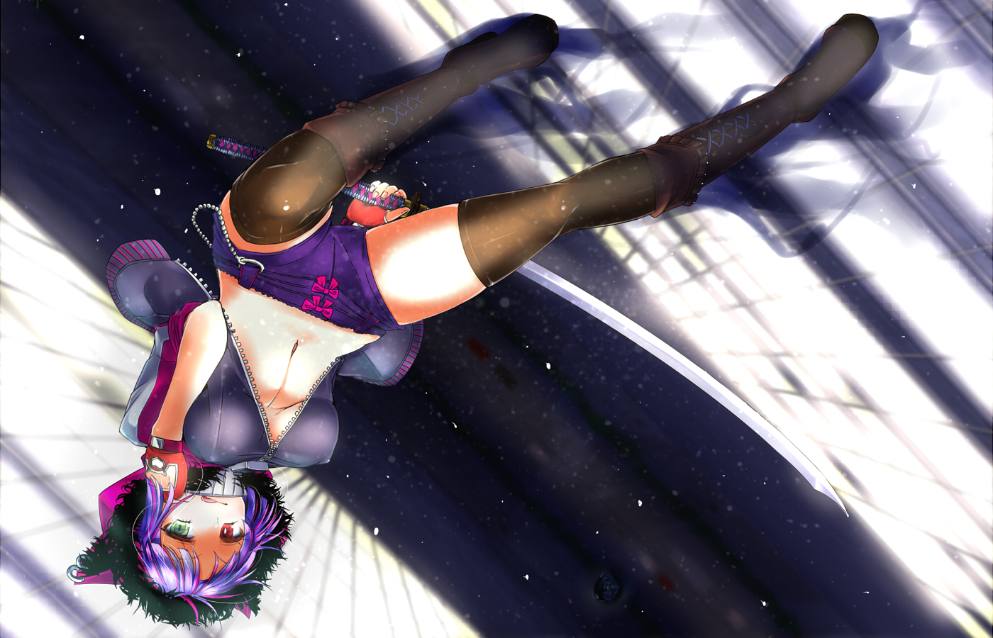 bicolored_eyes, blue_hair, boots, doyouwantto, erect_nipples, gloves, katana, navel, no_bra, original, shorts, sword, thighhighs, weapon