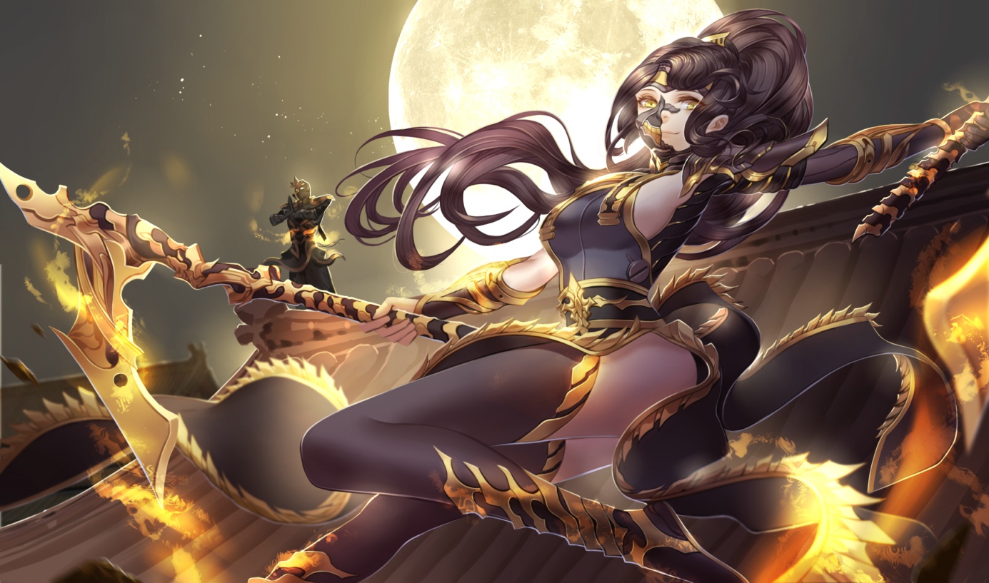 akali, black_hair, league_of_legends, liuruoyu8888, long_hair, mask, moon, ponytail, shen, thighhighs, yellow_eyes