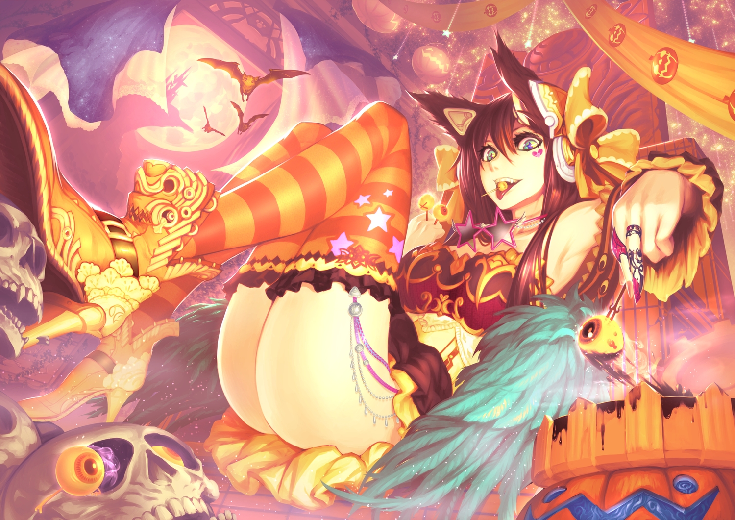 animal, animal_ears, ass, bat, bow, candy, green_eyes, halloween, lollipop, long_hair, noname_(metaldragonfly), original, pumpkin, red_hair, skull, stockings, tattoo, thighhighs