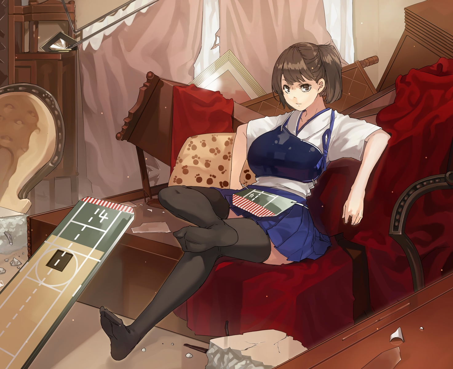 anthropomorphism, brown_eyes, brown_hair, fate_(series), fate/stay_night, japanese_clothes, kaga_(kancolle), kantai_collection, muneneko, parody, ponytail, short_hair, skirt, thighhighs