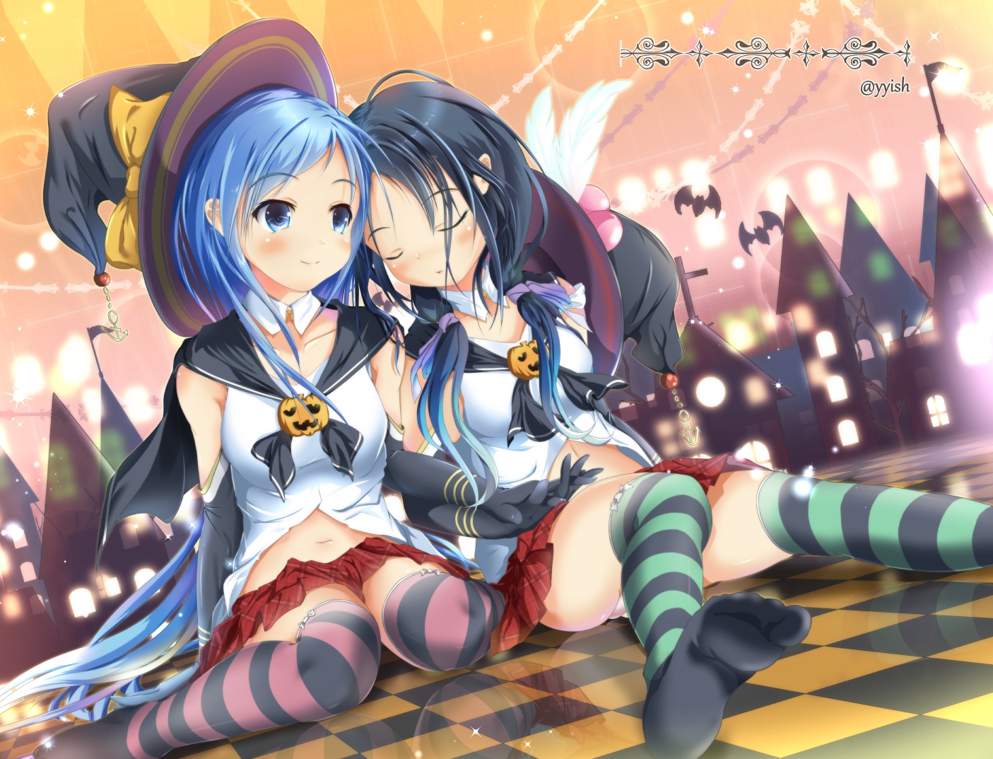 2girls, aliasing, animal, anthropomorphism, bat, black_hair, blue_hair, cross