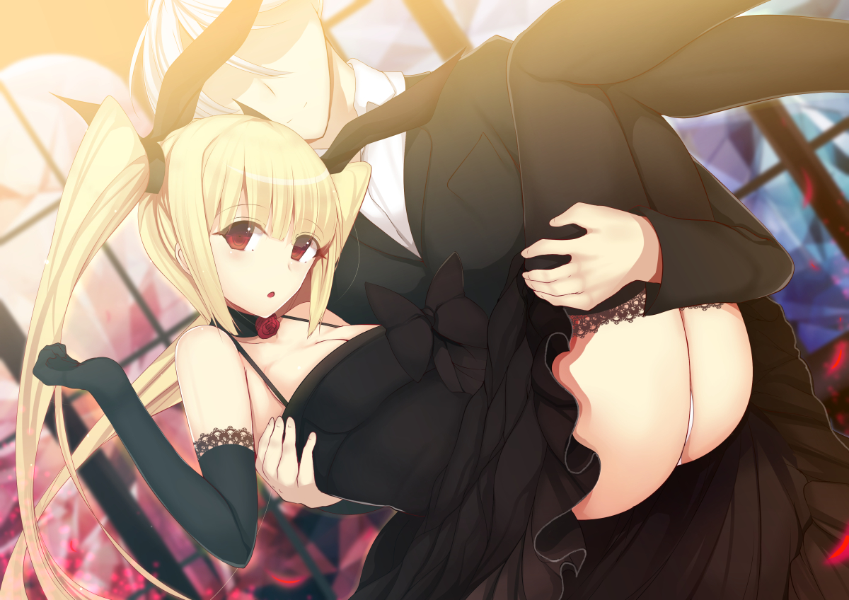 blazblue, blonde_hair, choker, daiaru, dress, elbow_gloves, gloves, rachel_alucard, red_eyes, thighhighs, twintails