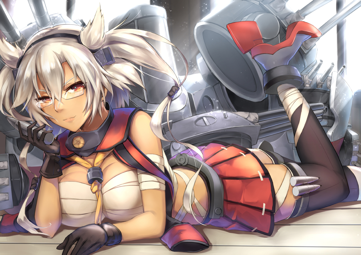 anthropomorphism, breasts, cleavage, dark_skin, gloves, headband, kamisa, kantai_collection