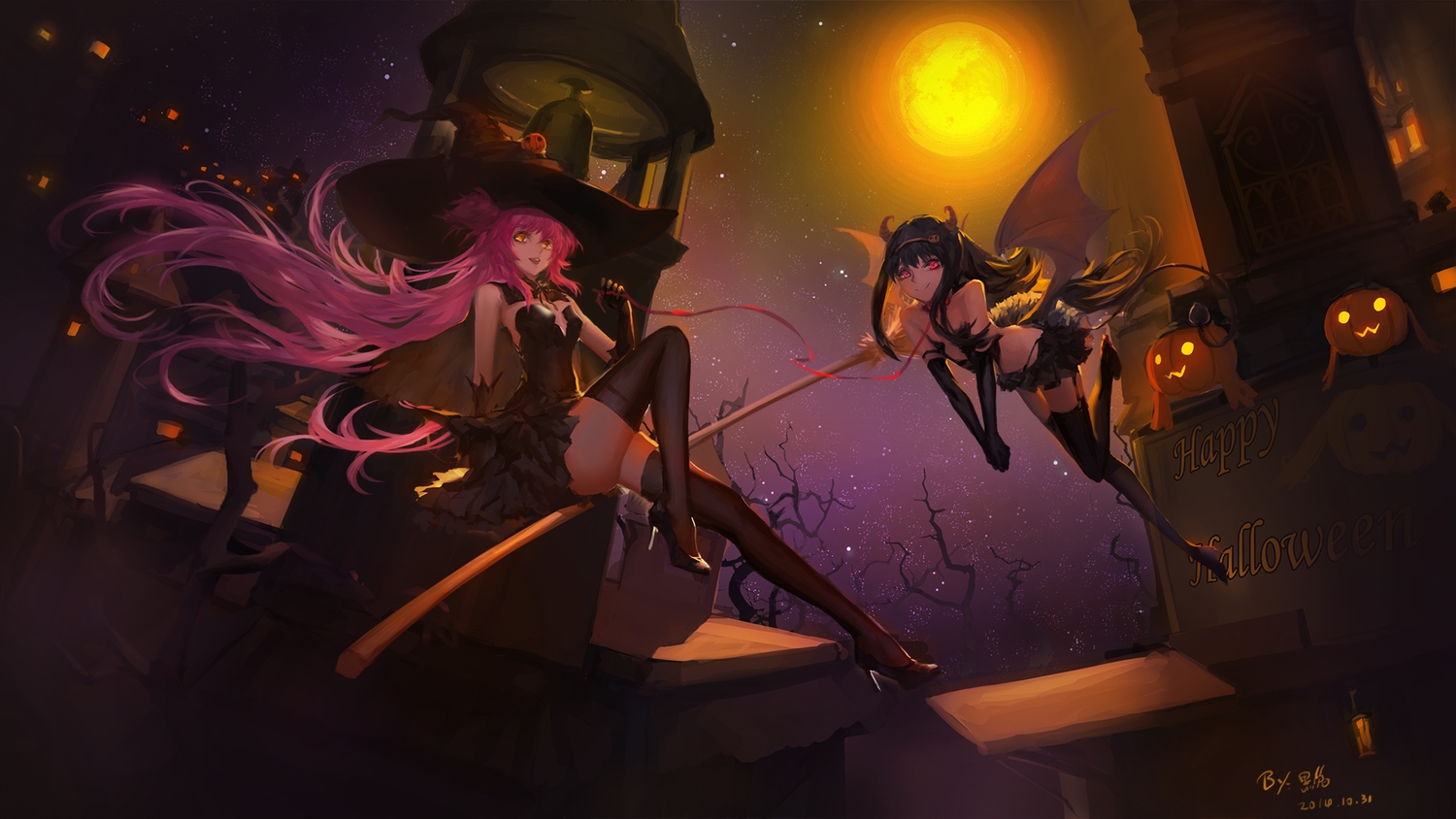 2girls, akemi_homura, akuma_homura, black_hair, blackrabbitsoul, building, dress, elbow_gloves