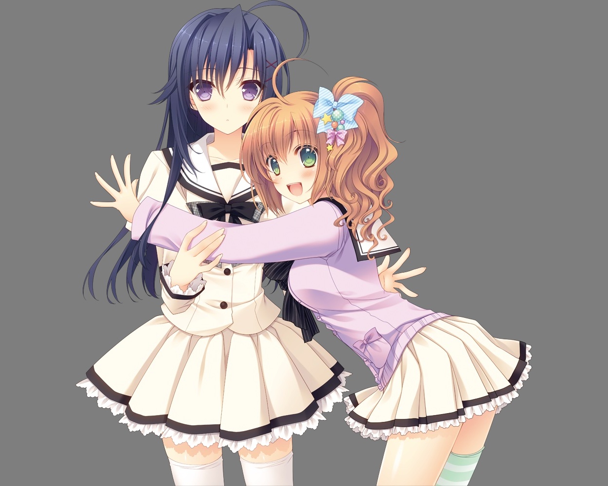 blush, ginjou_haruko, navel_(company), nishimata_aoi, ookura_lumine, school_uniform, suzuhira_hiro, thighhighs