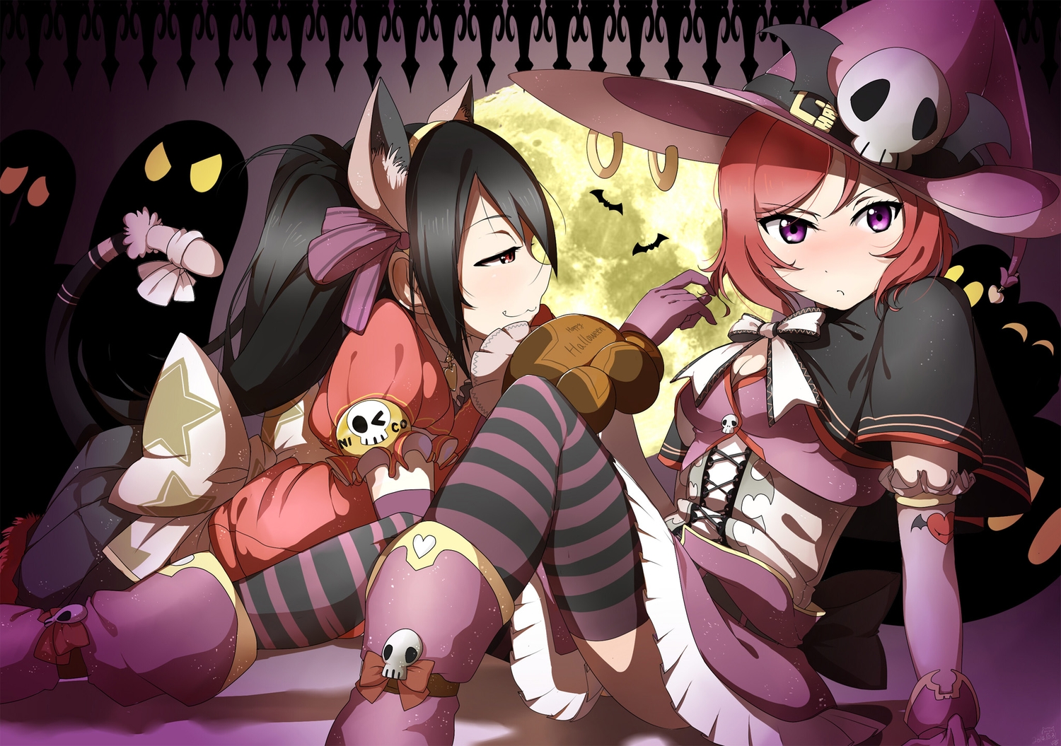 2girls, animal, animal_ears, bat, black_hair, catgirl, dress, elbow_gloves, gloves, halloween, hat, long_hair, love_live!_school_idol_project, moon, nishikino_maki, pink_eyes, red_eyes, red_hair, shiimai, short_hair, thighhighs, witch_hat, yazawa_nico