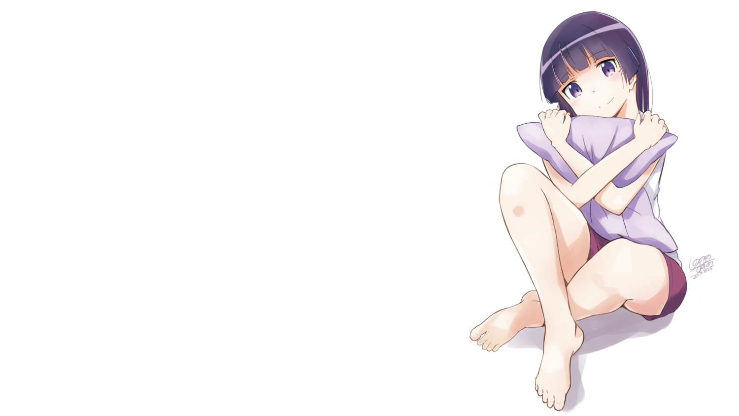 barefoot, gokou_ruri, ore_no_imouto_ga_konna_ni_kawaii_wake_ga_nai, purple_eyes, purple_hair, shorts, signed, suzumeko