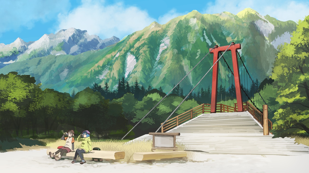 2girls, blue_hair, drink, hat, inubashiri_momiji, kawashiro_nitori, kitsune_(kazenouta), landscape