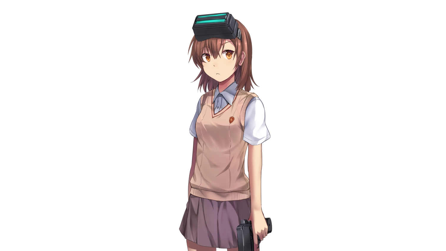 brown_hair, goggles, gun, ido_(teketeke), misaka_imouto, school_uniform, skirt, to_aru_kagaku_no_railgun