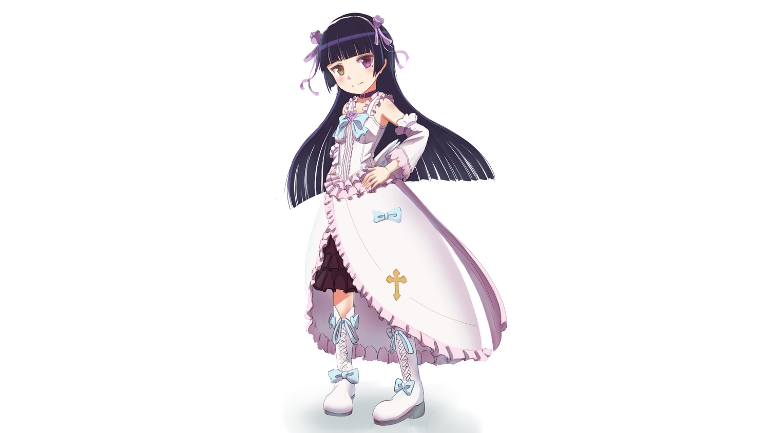 bicolored_eyes, boots, dress, flowers, gokou_ruri, headband, lolita_fashion, long_hair, ore_no_imouto_ga_konna_ni_kawaii_wake_ga_nai, purple_hair, ribbons, telaform, white