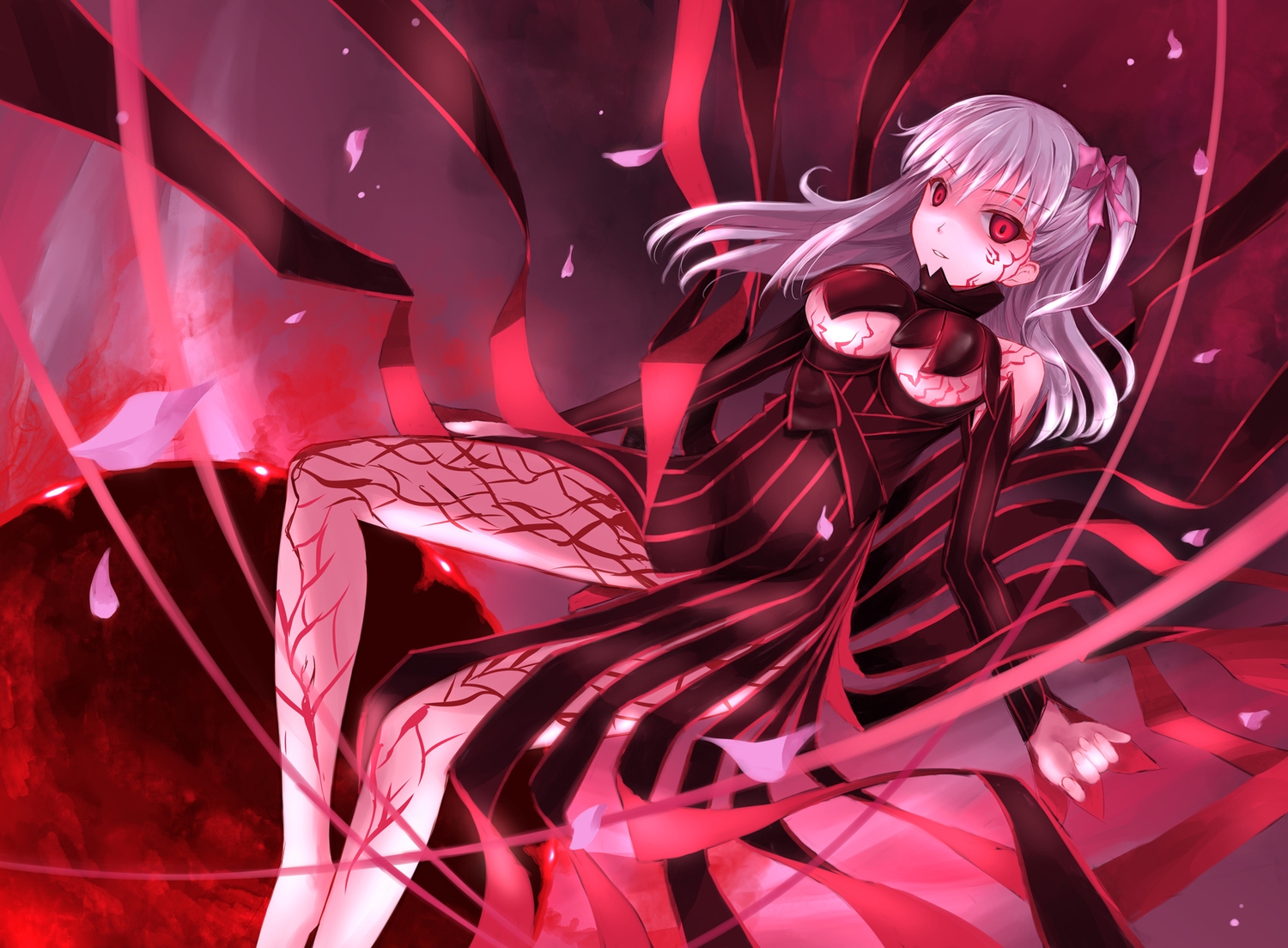 bow, breasts, dark_matou_sakura, dress, fate_(series), fate/stay_night, kouzuki_hajime, long_hair, matou_sakura, purple_hair, red_eyes, ribbons, underboob