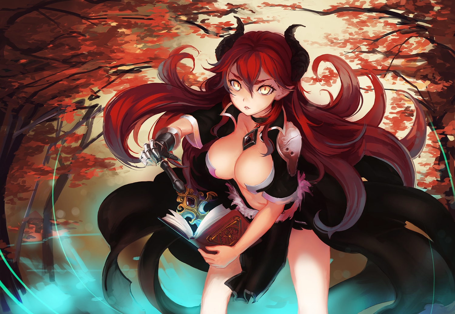 breasts, cleavage, demon, doomfest, horns, long_hair, red_hair, sword, weapon, yellow_eyes
