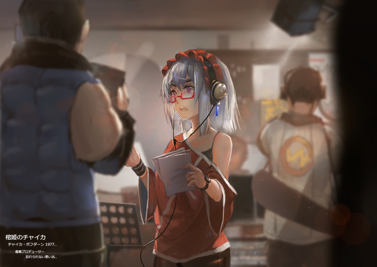 chaika_bohdan, feirla, glasses, headdress, headphones, hitsugi_no_chaika, paper, pink_eyes, short_hair, white_hair, wristwear