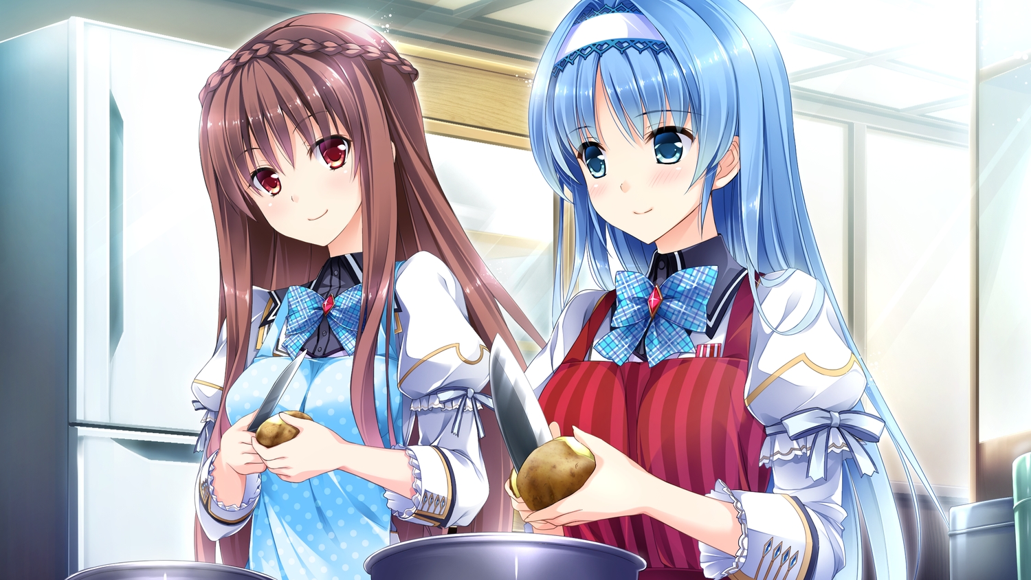 blue_hair, brown_hair, ensemble_(company), game_cg, long_hair, male, ninomiya_mikoto, otoko_no_ko, otome_ga_kanaderu_koi_no_aria, school_uniform, tagme_(artist), tsukahara_izumi