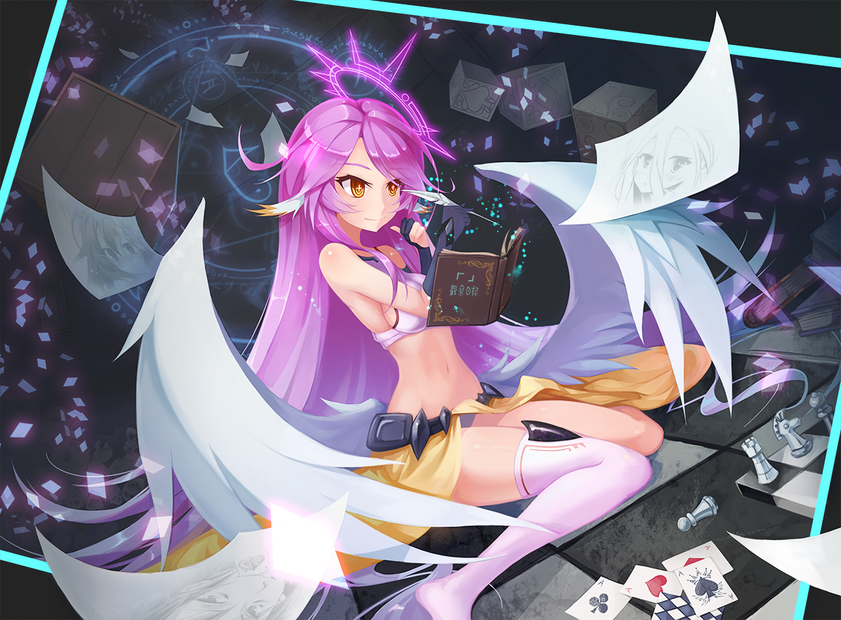 book, gloves, halo, jibril, loli, long_hair, navel, no_game_no_life, panties, pa_pa_jin, paper, pink_hair, red_eyes, shiro_(no_game_no_life), skirt, sora_(no_game_no_life), stephanie_dola, thighhighs, underwear, wings