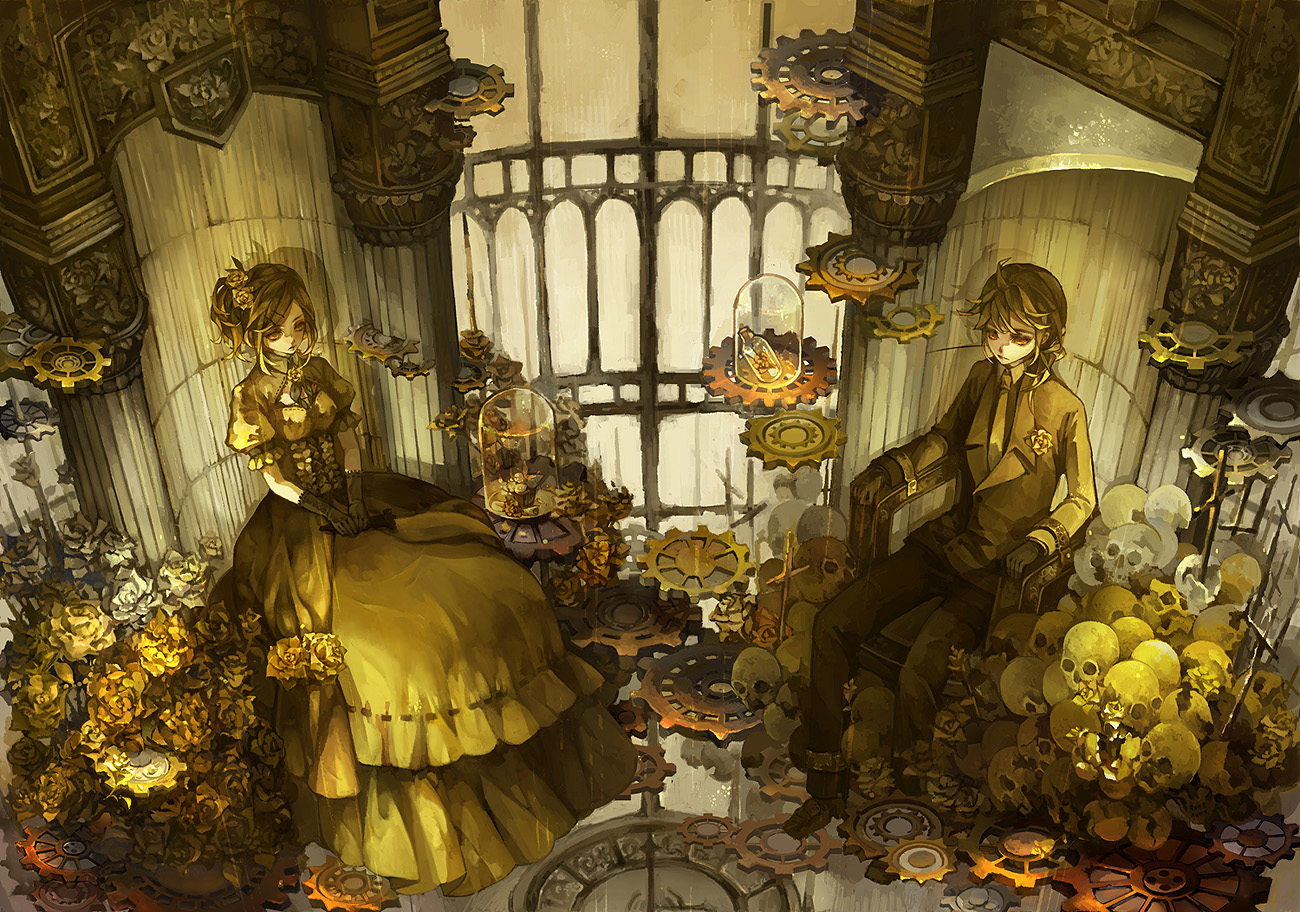 blonde_hair, bondage, cross, dress, flowers, gloves, jpeg_artifacts, kagamine_len