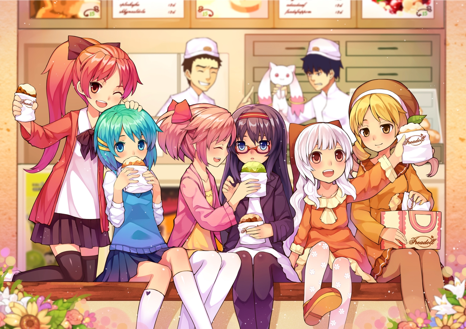akemi_homura, aqua_eyes, aqua_hair, black_hair, blonde_hair, flowers, food, glasses
