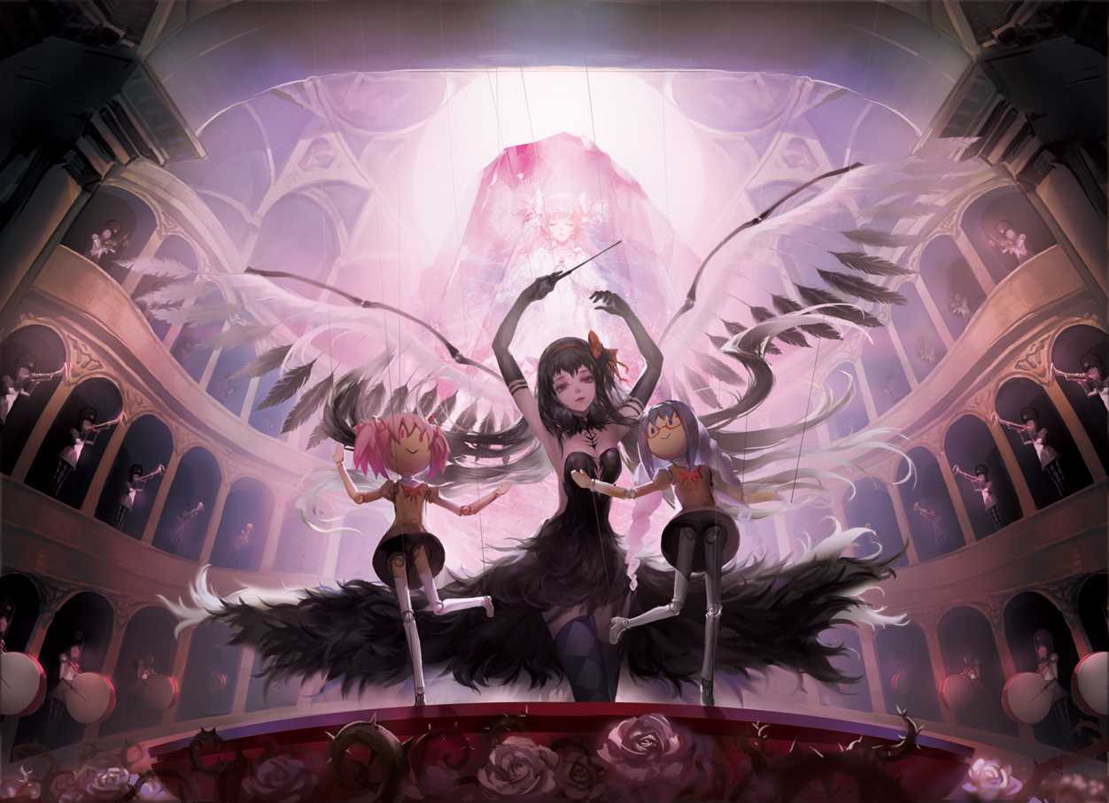 akemi_homura, akuma_homura, black_hair, blackrabbitsoul, bow, braids, doll, dress
