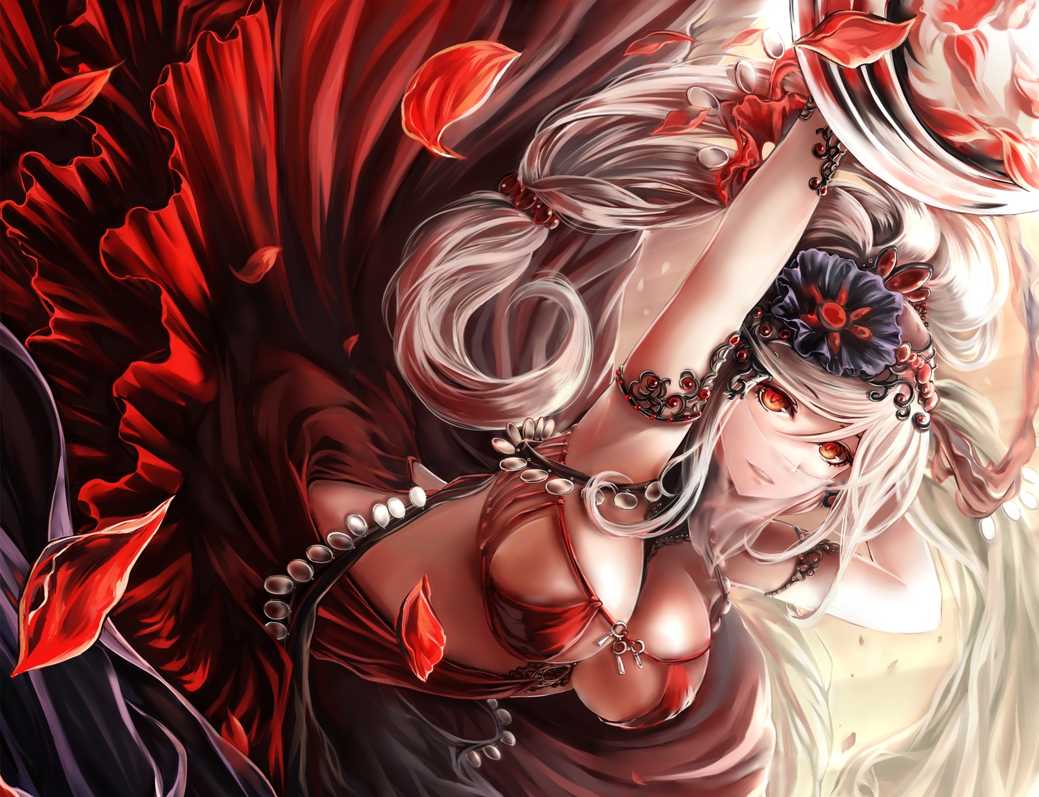 breasts, cleavage, dress, gin_ji, headdress, long_hair, original, petals, ponytail, red_eyes, white_hair