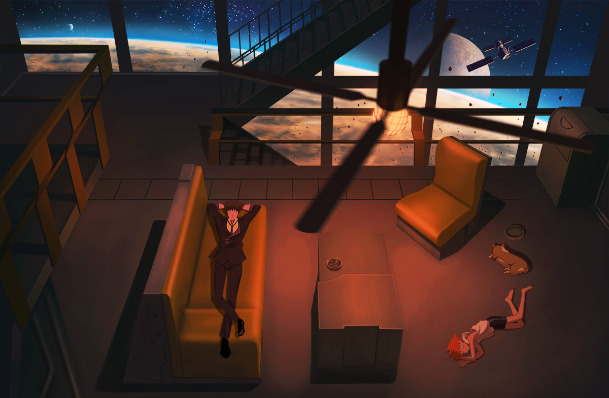 animal, cowboy_bebop, dog, edward_wong_hau_pepelu_tivrusky_iv, ein_(cowboy_bebop), fan, male, nauimusuka, orange_hair, planet, short_hair, spike_spiegel, stars, suit