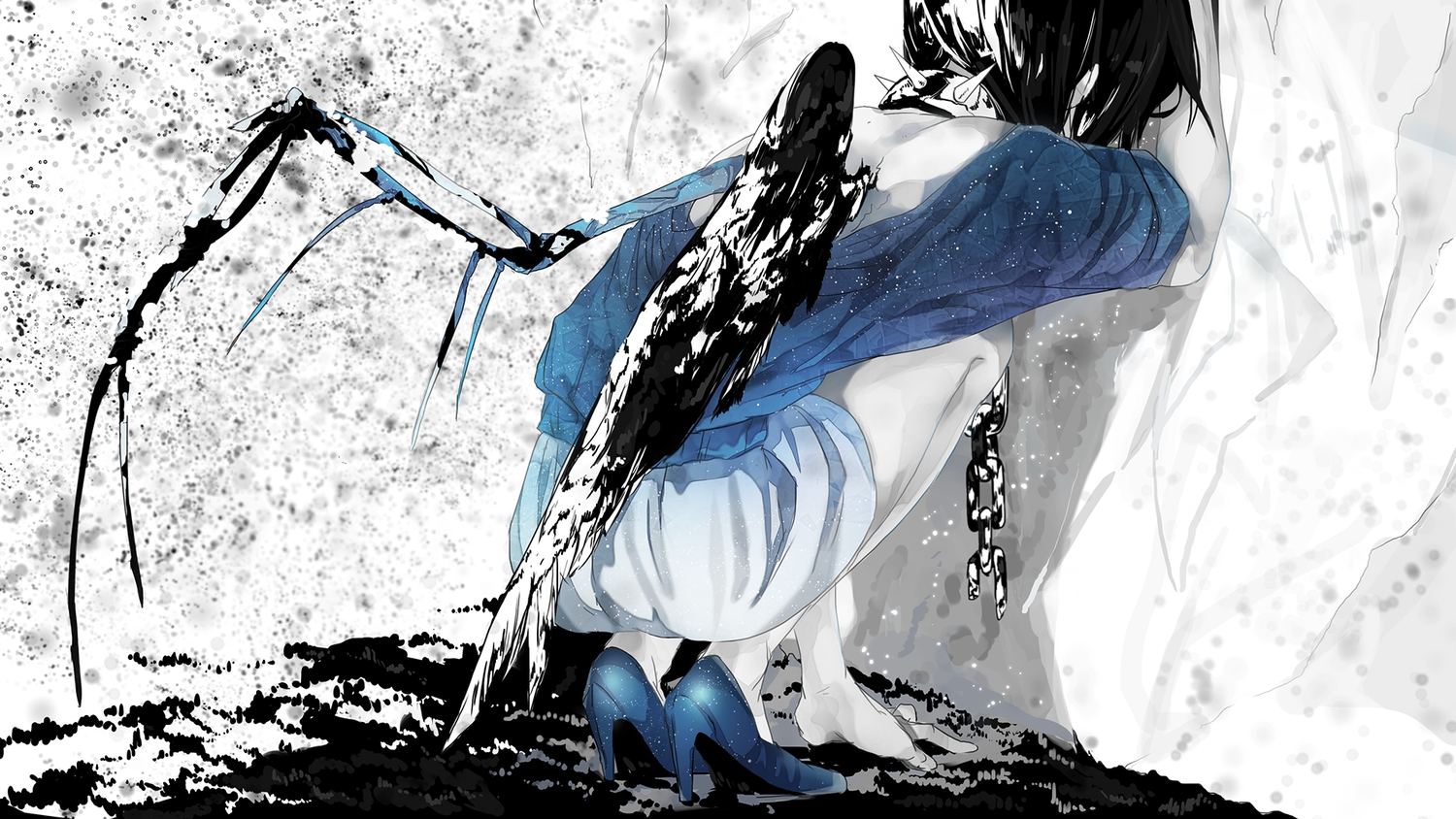 black_hair, bones, chain, collar, mizutame_tori, original, shackles, shorts, wings