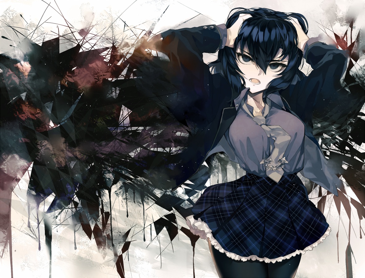 blue_eyes, blue_hair, original, pantyhose, school_uniform, short_hair, shrimpman, skirt, tie