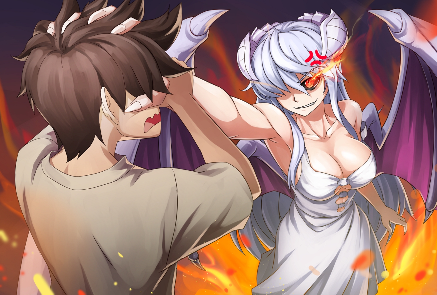breasts, brown_hair, cleavage, demon, dress, gray_hair, horns, long_hair, male, maritan_(artist), monster_girl_encyclopedia, red_eyes, succubus, wings