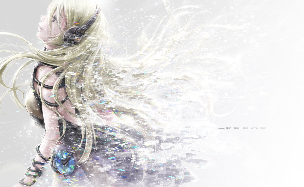black_eyes, blonde_hair, dress, headphones, lily_(vocaloid), long_hair, nuwanko, vocaloid