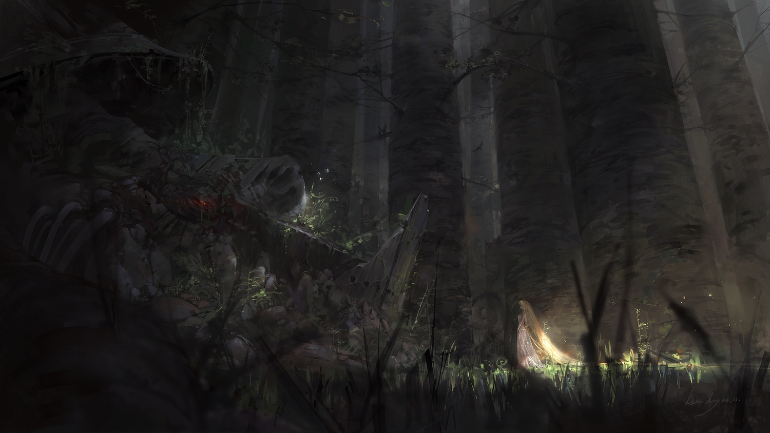 a-shacho, blonde_hair, dark, dress, forest, grass, long_hair, original, signed, tree